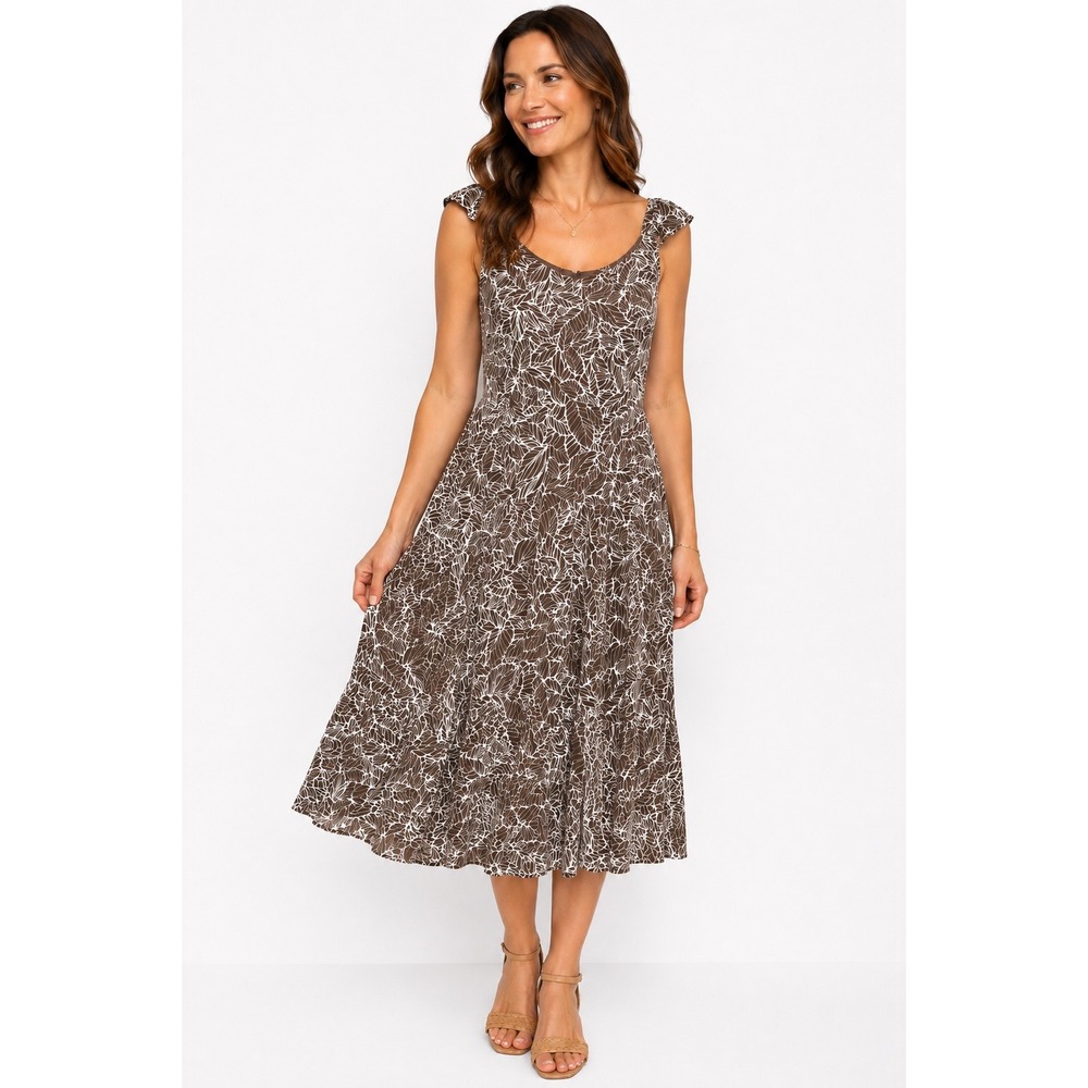 Coldwater Creek 12P Brown White Leaf Print Tiered Midi Dress Petite Flowy Office